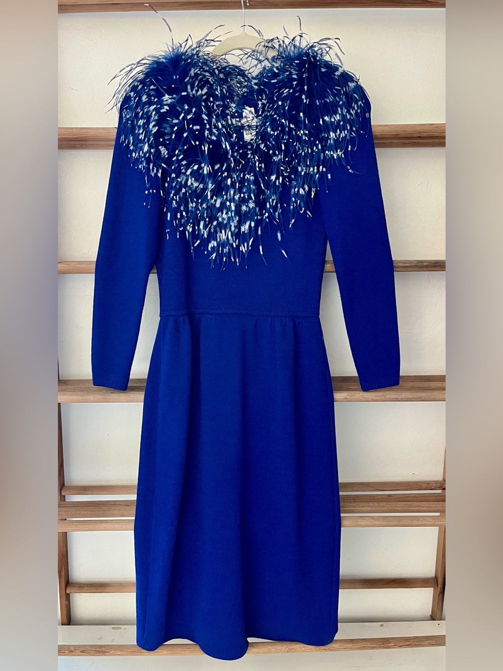 Vintage St. John Royal Blue Ostrich Feather-Trim Santana Knit Dress